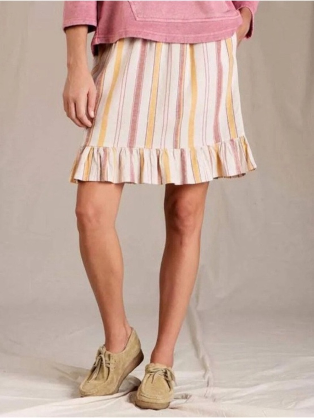 Toad&Co Striped Ruffle Mini Skirt in Pink, Yellow, Cream Size Large Taj Hemp
